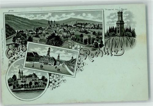 Rochlitz 1898 Markt Rathaus Schloß Aussichts-Turm auf dem Berge