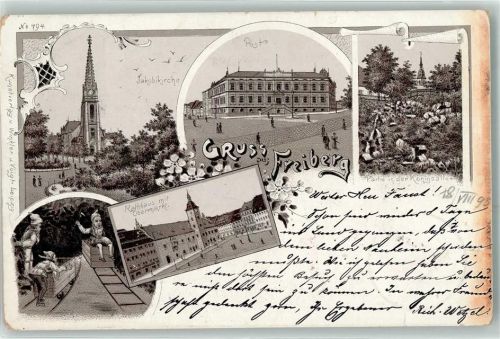 Freiberg 1893 Jakobikirche Post in der Königsallee Zwerg Rathaus m. Obermarkt