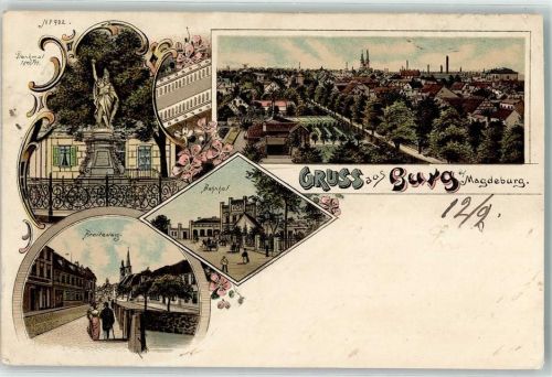 Burg 1900 Denkmal Breiteweg Bahnhof Fabrik Kirche Blumen Kutsche Gruss