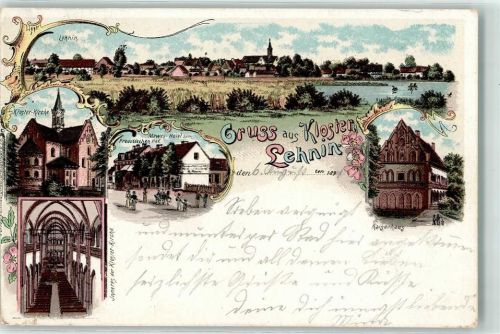 14797 O1804 Lehnin 1899 Lithographie Kloster Kirche Inneres Kaiserhaus Mewes Hotel zum Preussischen Hof See Ruderboot Gruss Blumen