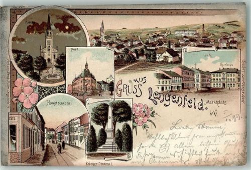 08485 O9802 Lengenfeld , Vogtl 1899 Lithographie Kirche Post Rathaus Marktplatz Hauptstraße Kriegerdenkmal Gruss Blumen