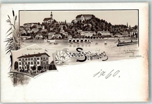 Starnberg Gasthaus zur Eisenbahn Kirche Ruderboot Schiff Gruss Lithographie Vorläufer