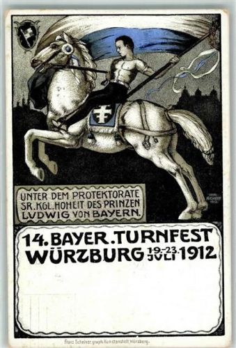 Würzburg 14. Bayer. Turnfest Juli 1912 Pferd Reiter Fahne sign Verlag Scheiner