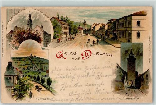 Durlach 1900 Ev. Kirche Rathaus Turmberg Dorfstraße Radfahrer Baseltor