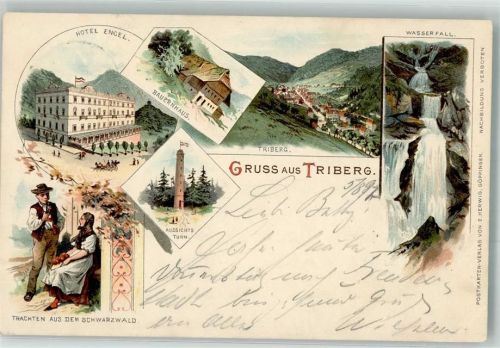 Triberg 1897 Lithographie Hotel Engel Tracht Wasserfall