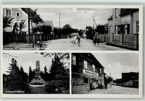 04910 O7901 Kraupa - Dorfstraße Kriegerdenkmal Kinder Motorrad Fahrrad Kolonialwaren Handlung Geschäft