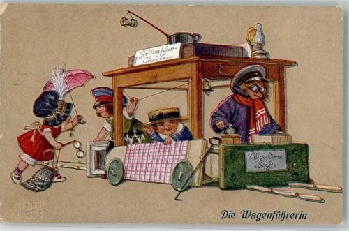1918 Ein Hund als Wagenführer einer Spielstraßenbahn gebaut aus Tisch Töpfen Deckeln Kaffeemühle Tiere vermenschlicht Verlag Gebrüder Dietrich Nr. 175/1