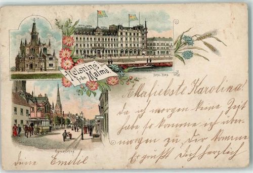 Helsingborg Hälsingborg 1898 Gebrauchsspuren Hotel Horn Östergatan St. Pauls Kirche Pferdestraßenbahn Lithographie