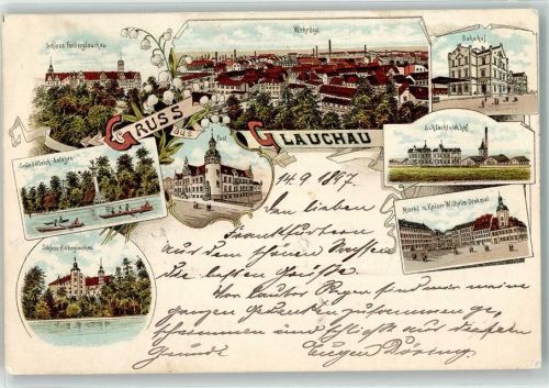 Glauchau 1897 Wehrdigt Bahnhof Schlachthof Markt m. Kaiser Wilhelm Denkmal Schloss Hinterglauchau