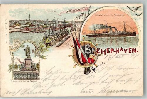 Bremerhaven 1897 Hafen Stadtwappen Schnelldampfer der Nordd. Lloyd Bürgermeister Smidt-Denkmal Schiebebrücke