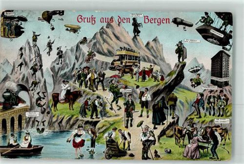 Gruss aus den Bergen Tracht Bergsteiger Flugapparat Eisenbahn Schubkarre