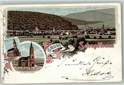 Schopfheim 1897 Bahnpost Basel Zell Wiesental Zug 324 24.8.97 Kath. Kirche Ev. Stadt Kirche