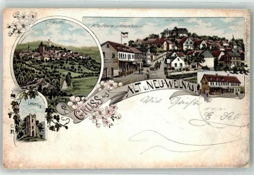 61276 W6395 Neuweilnau 1898 Gebrauchsspuren Hotel zur Schönen Aussicht Landstein Alt-Weilnau Lithographie