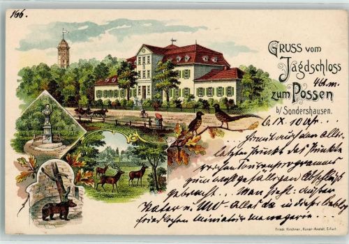 Sondershausen Jagdschloß zum Possen Denkmal Hirsch Bären Pfauen Lithographie