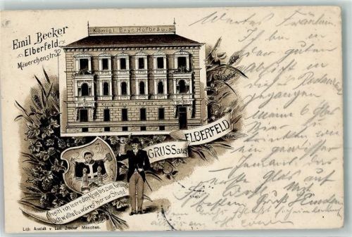 Elberfeld 1896 Königlich Bayr. Hofbräuhaus Gasthaus Emil Becker Mäuerchenstraße 32 Wappen Bier Mann Hut Stock Lithographie