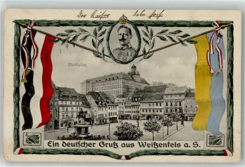 Weißenfels 1915 Marktplatz Kaiser Wilhelm Reiterstandbild Fahnen der Kaiser