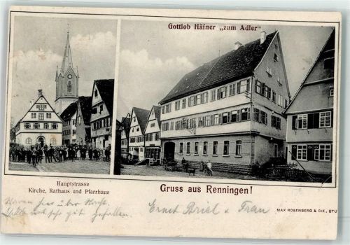 71272 W7253 Renningen Gebrauchsspuren Gasthaus zum Adler Hauptstraße Rathaus Pfarrhaus Bahnpoststempel