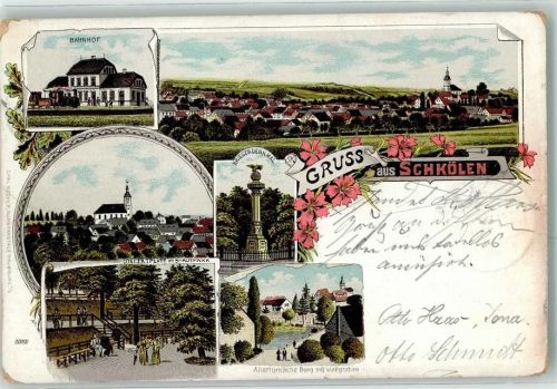 Schkölen 1905 Bahnhof Kirche Kriegerdenkmal Burg Wallgraben Stadtpark Gruss Blumen Kirche Bahnpost Zeitz