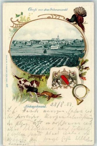 Höchenschwand 1901 Wappen Jagdhorn Jagdhund Hase Auerhahn