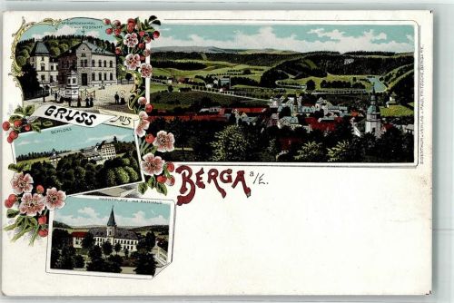 Berga Marktplatz Rathaus Schloß Kriegerdenkmal Post Lithographie