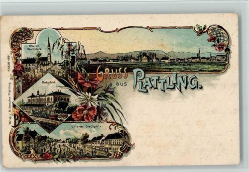 Plattling 1899 Gruss aus - Bahnhof mit Eisenbahn AK