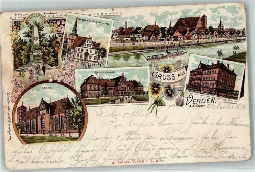 Verden 1898 Kriegerdenkmal Rathaus Kirche Seminar Gymnasium Dom Raddampfer Ruderboot Fabrik Blumen Gruss Lithographie
