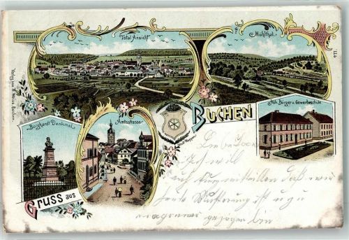 Buchen 1905 Bahnpost Seckach Miltenberg Zug 497 21.6.05 Burghard Denkmal Höh. Bürger- u. Gewerbeschule