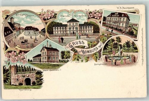 Homburg 1897 Marktplatz Rathaus Districts Krankenhaus K. B. Bezirksamt Elektr. Zentrale Karlsburg Springbrunnen