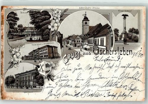 Oschersleben 1900 Kriegerdenkmal Landratsamt Neue Schule Halberstädter Straße Lithographie