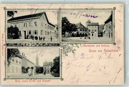 Schopfheim 2.8. Gasthaus zum Bahnhof Marktplatz und Rathaus neue Ev. Kirche u. Postamt