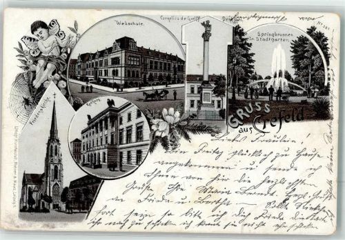 Krefeld 1901 Stadtgarten Springbrunnen Friedenskirche Rathaus Engel-Puto Spinnennetz Lithographie