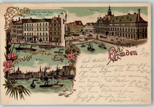 Emden 1899 Hotel zum Weissen Haus Rathaus Hafen Dampfer