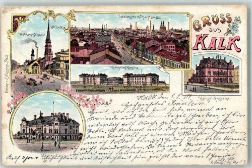 50667 W5000 Köln Kalk 802 1901 Gebrauchsspuren Kronprinz-Kaserne Offiziers-Casino Wallfahrts-Kapelle Lithographie Randeinkerbung