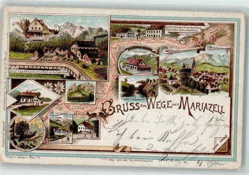 Mariazell 1899 Gasthaus am Gschaid Turm Mauer Auerhahn Hl. Brunnen Lithographie