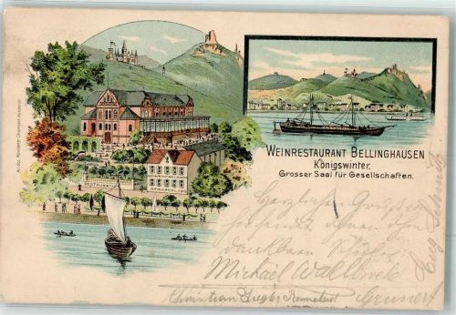 Königswinter 1897 Gasthaus-Weinstube Bellinghausen Rhein