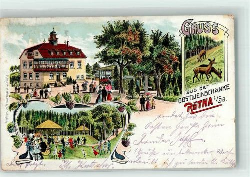 04571 O7209 Rötha 1905 Lithographie Obstweinschänke Garten Rehwiese