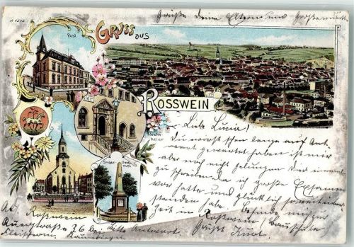 04741 O7304 Roßwein 1898 Lithographie Siegesdenkmal Post Gasthaus Klosterkeller