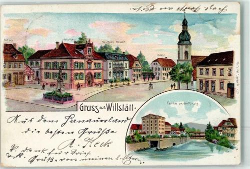 77731 W7608 Willstätt 1902 Lithographie Schulhaus Gasthaus Adler Kinzig
