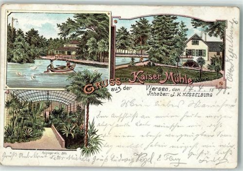 Viersen 1898 Kaiser Mühle Mühlrad Gondelteich Gewächshaus Lithographie