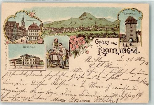 Reutlingen 1899 Gartentor Webschule Wilhelmstraße Webstuhl Lithographie