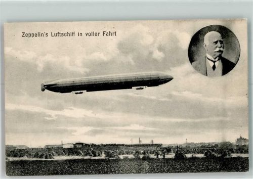Portrait des Luftfahrtpioniers und eines seiner Luftschiffe in voller Fahrt