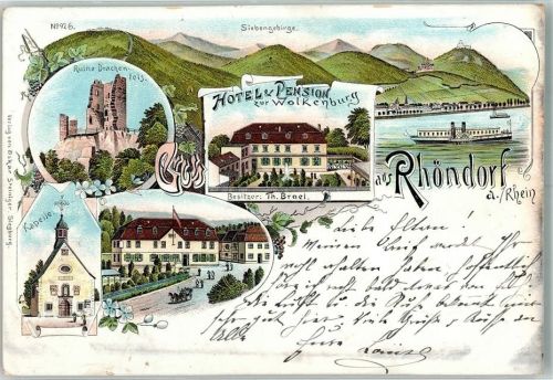 Rhöndorf 1901 Hotel zur Wolkenburg Ruine Drachenfels Kapelle Bahnpoststempel
