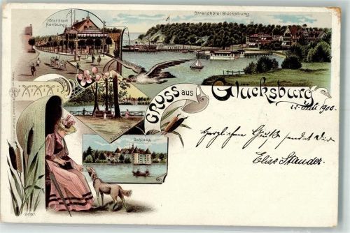 Glücksburg 1900 Frau mit Hund Schloß Hotel Stadt Hamburg Strandhotel Glücksburg Möwe