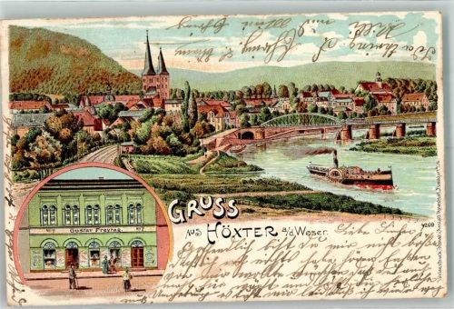 Höxter 1902 Weser Weserraddampfer Weserbrücke Geschäftshaus Gustav Freytag Lithographie