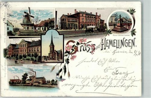 Hemelingen 1898 Windmühle Aktien-Brauerei Schule Bahnhof Kaiser Wilhelm I.-Denkmal Bahnpoststempel