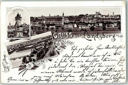 Landsberg 1896 Mutterturm Kirche Brücke Blumen Gruss