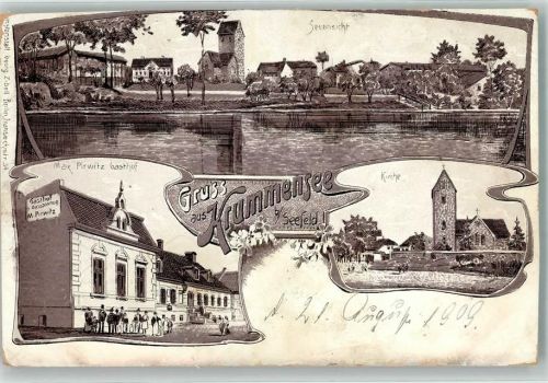 Krummsee 1909 Gasthaus Pirwitz Dorfsee Lithographie beschnitten