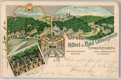 Schwarzenberg 1899 Hotel Gasthaus Gartenwirtschaft Bad Ottenstein Bahnpost Aue-Annaberg Zg. 1939