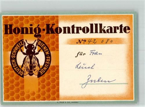 1952 Honig-Kontrollkarte der Deutsch-Schweizerischen Bienenfreunde