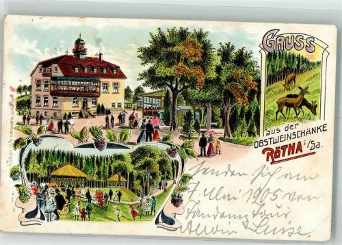 04571 O7209 Rötha 1905 Gebrauchsspuren Lithographie Obstweinschänke Garten Rehe Gasthausstempel